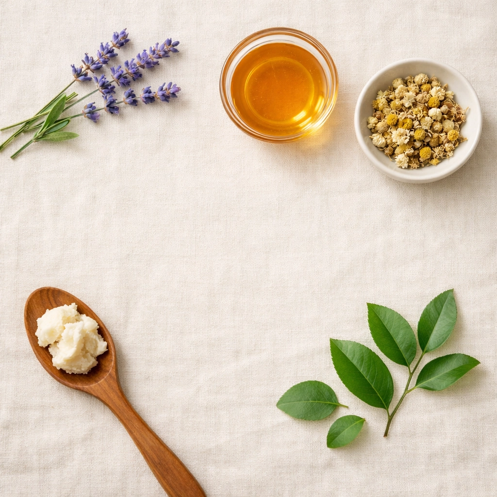 Natural organic skincare ingredients including lavender, honey, and chamomile on a neutral background