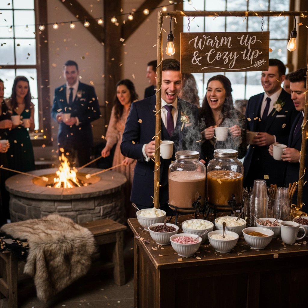 Party guests enjoy hot drinks from a cozy beverage stand, with a fire pit in a warmly lit room. Sign reads "Warm Up & Cozy Up".