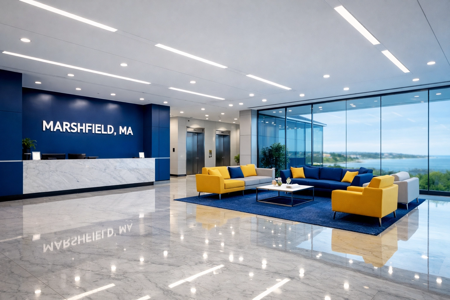 Polished lobby floors in a Marshfield commercial office reflecting professional janitorial excellence.