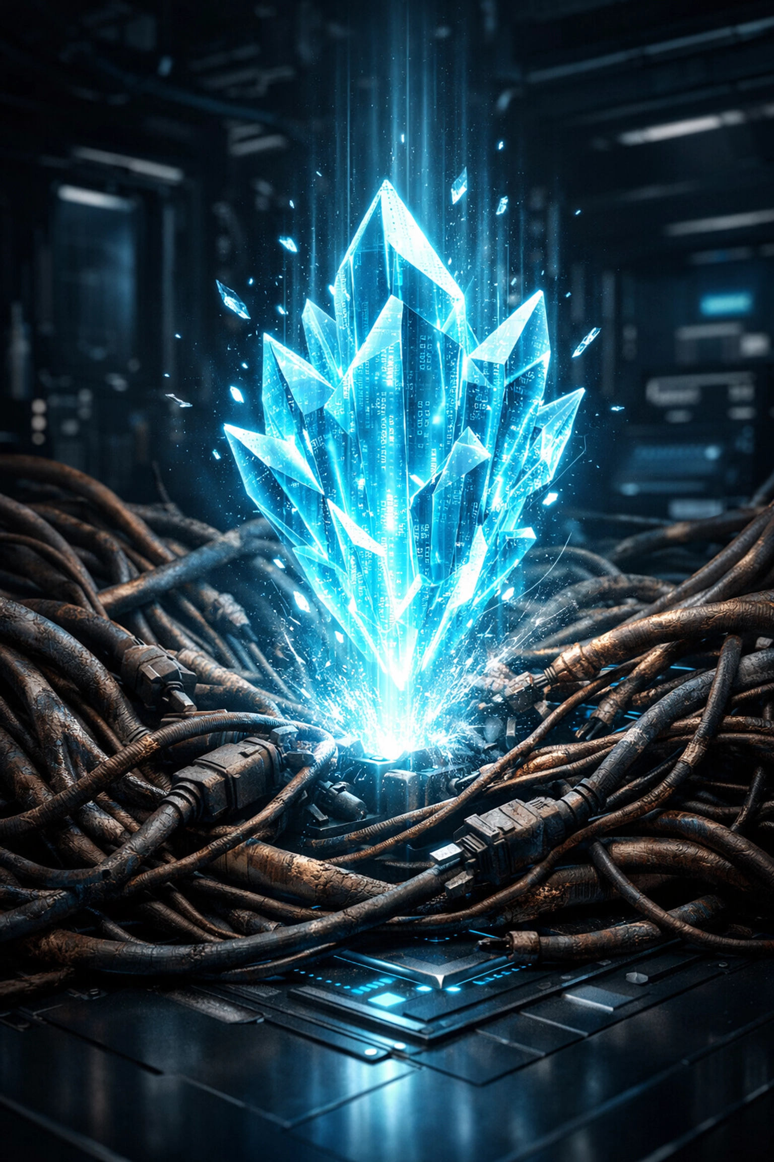 Modernisierung der KI-Infrastruktur im Mittelstand: Ein leuchtender Kern ersetzt veraltete Legacy-Systeme.