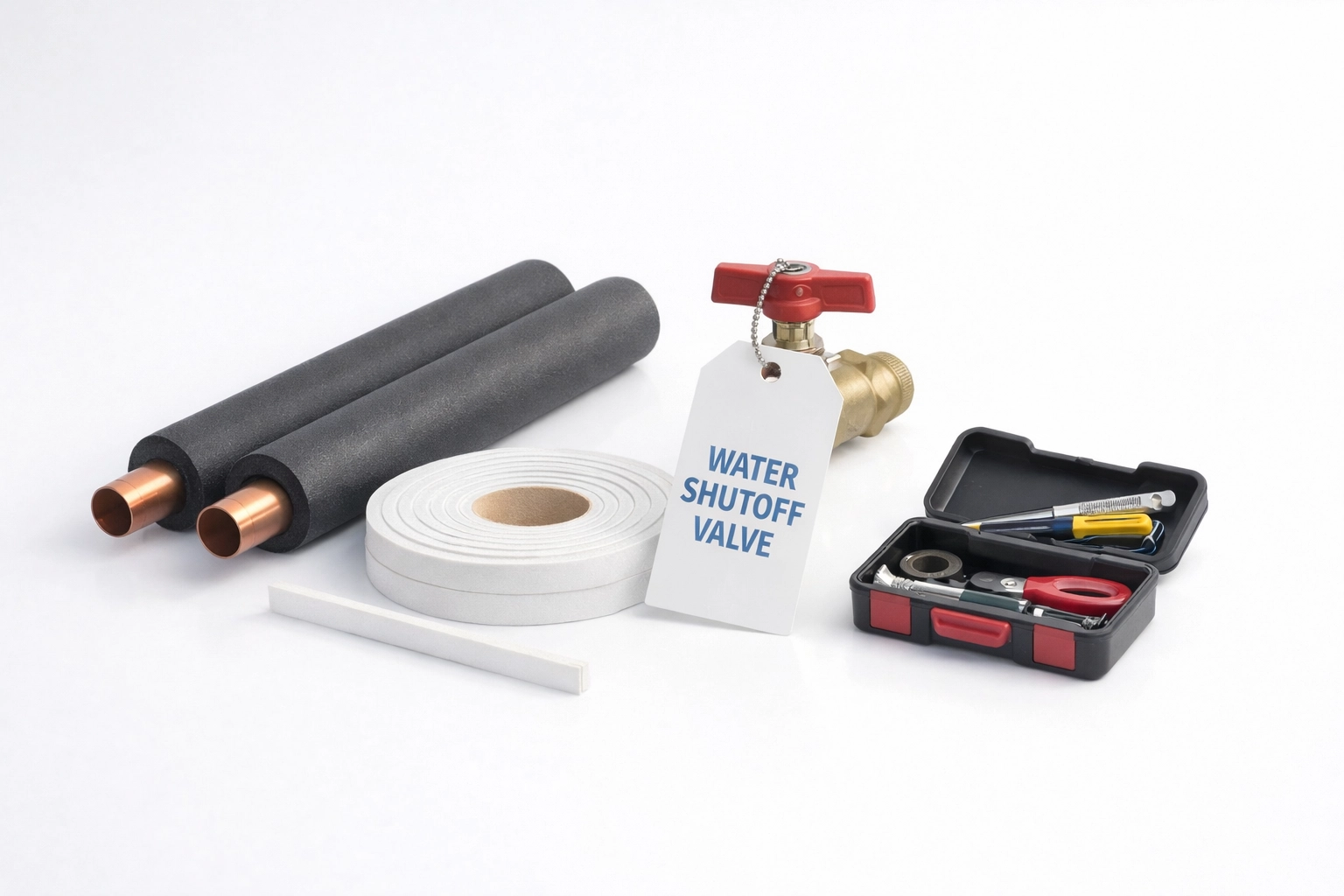 Winter home winterization supplies like weatherstripping, insulated pipes, and shutoff tags