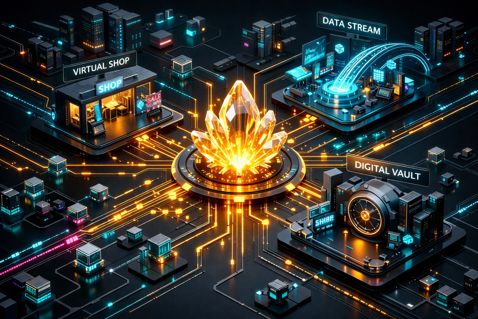 A futuristic digital ecosystem representing the Larecoin blockchain infrastructure for metaverse commerce.