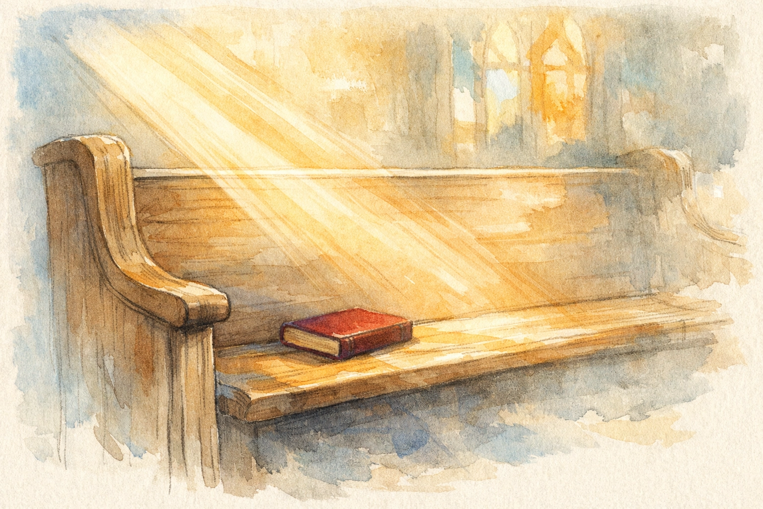 Peaceful church pew with hymnal bathed in sunlight during Sunday morning service