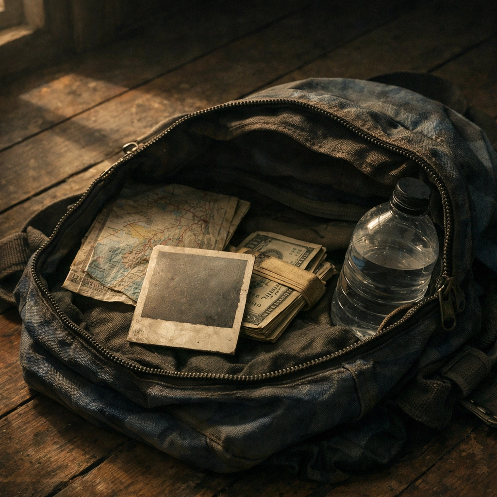 Open backpack with essential items for a dangerous journey in gay romance fiction The Border's Edge