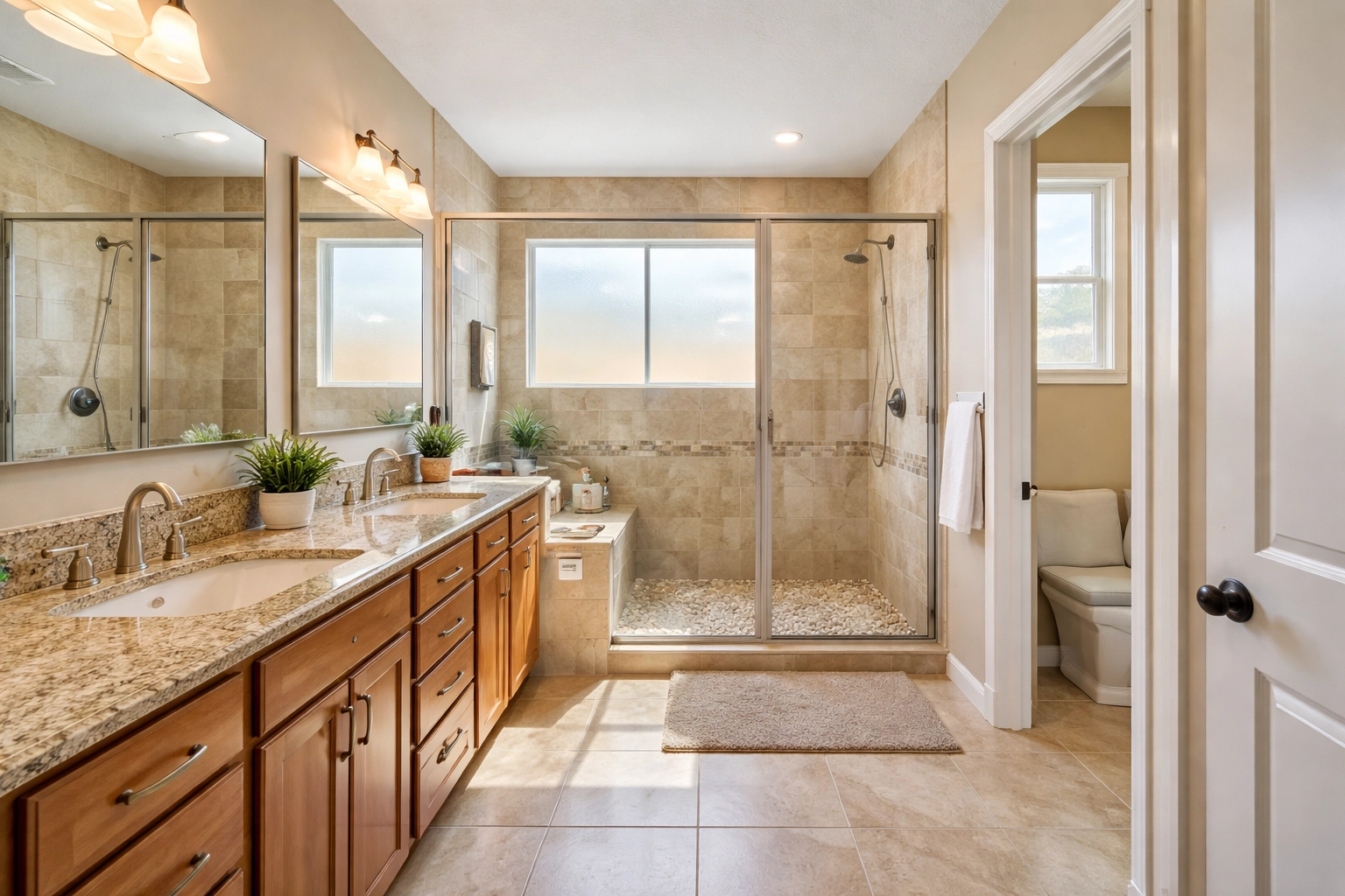 Modern master bathroom in a Buckeye AZ home with dual vanities and walk-in shower, perfect for families.