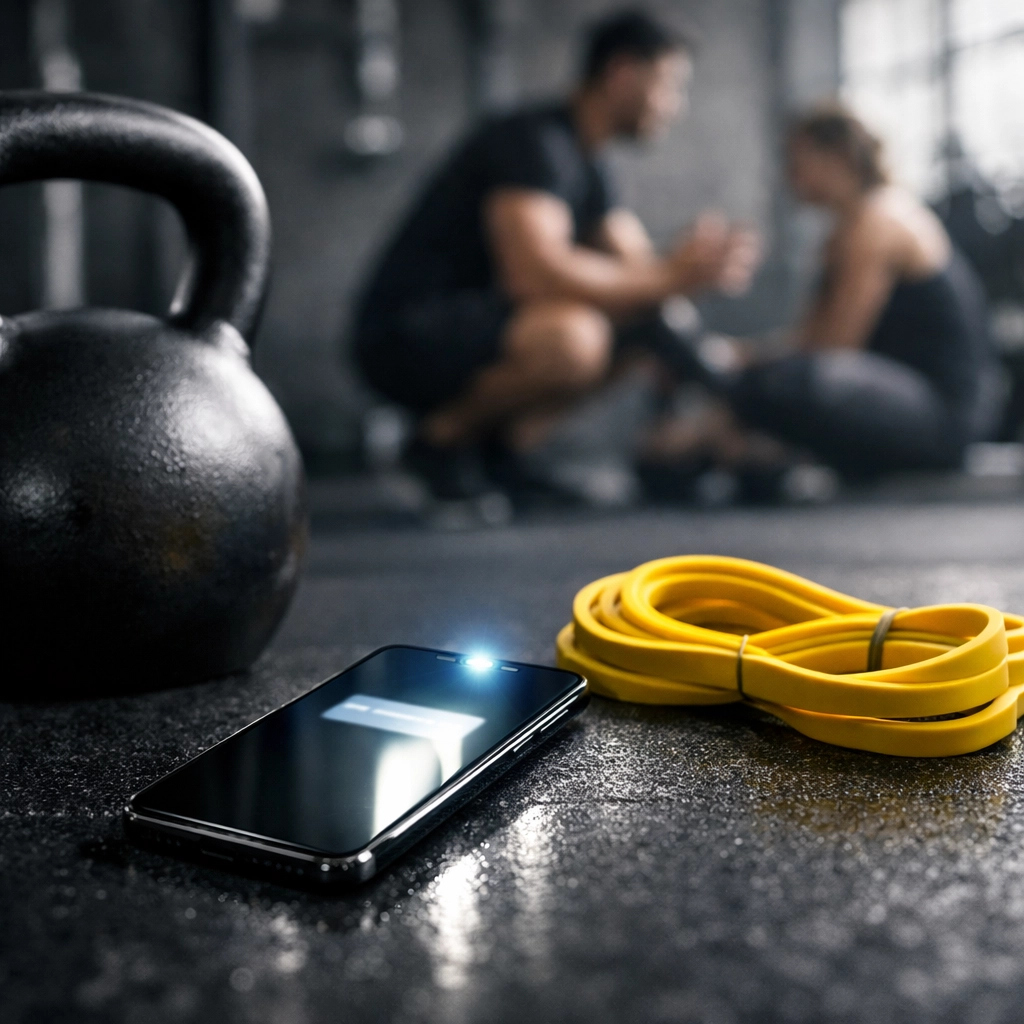 Smartphone on a gym floor showing a missed notification highlighting slow speed-to-lead for trainers.