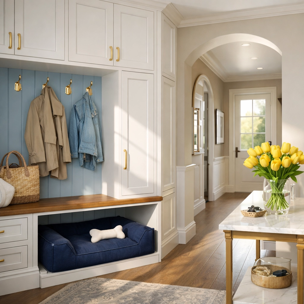 Pet-friendly residential cleaning in a luxury Massachusetts entryway with clean, organized cabinetry.