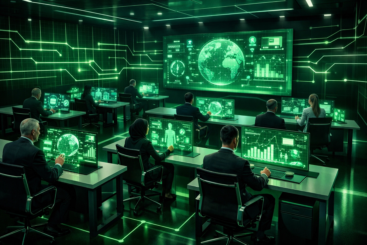 Government employees in modern training facility learning AI technology and data visualization