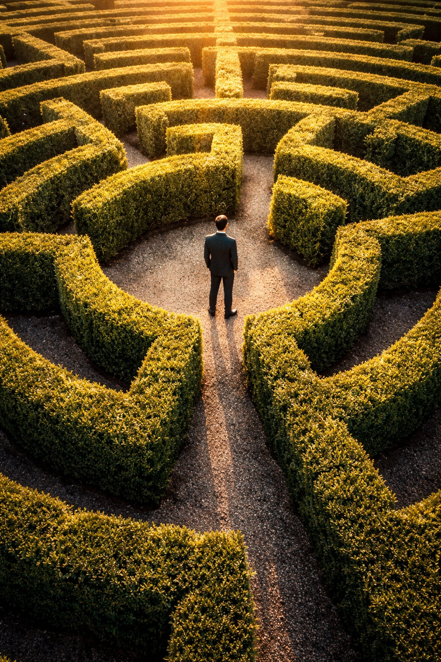 Aerial view of an investor in a hedge maze, symbolizing the complexity of assessing risk tolerance in portfolio strategy.