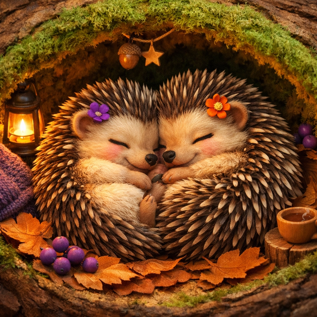Two female hedgehogs snuggling in a moss-lined burrow, showing social bonding and cohabitation.