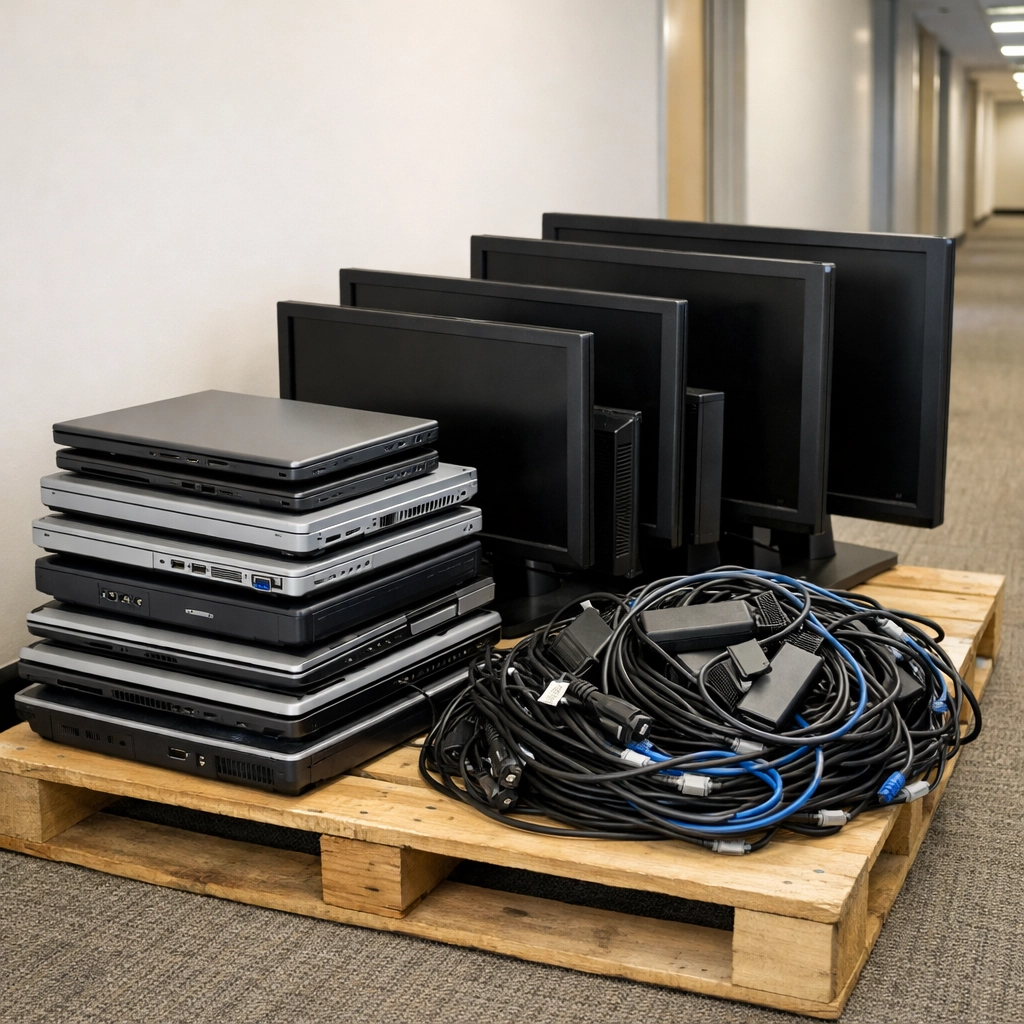 Office laptops, monitors and cables stacked on a pallet for WEEE recycling in Northamptonshire.