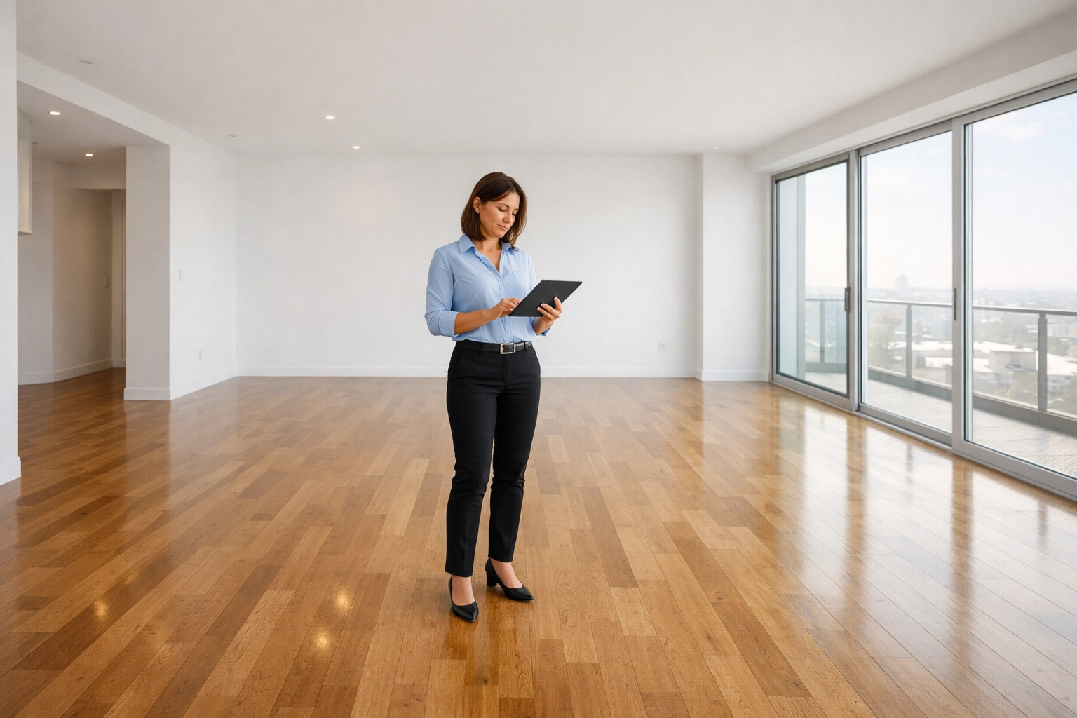 Property manager inspecting an empty, sunlit apartment for a fast renter-ready turnover.