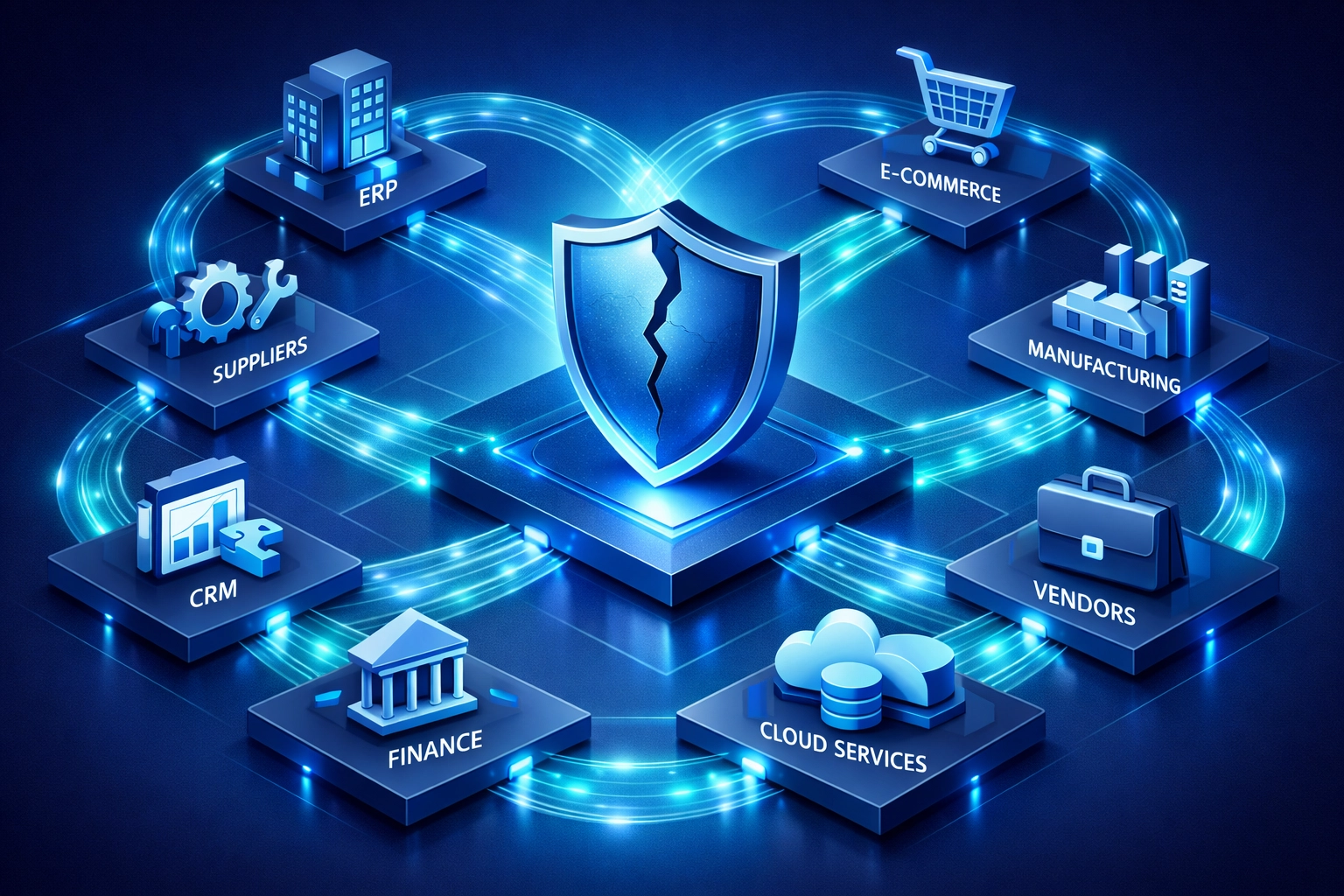 Interconnected vendor network showing cyber vulnerability in supply chain security