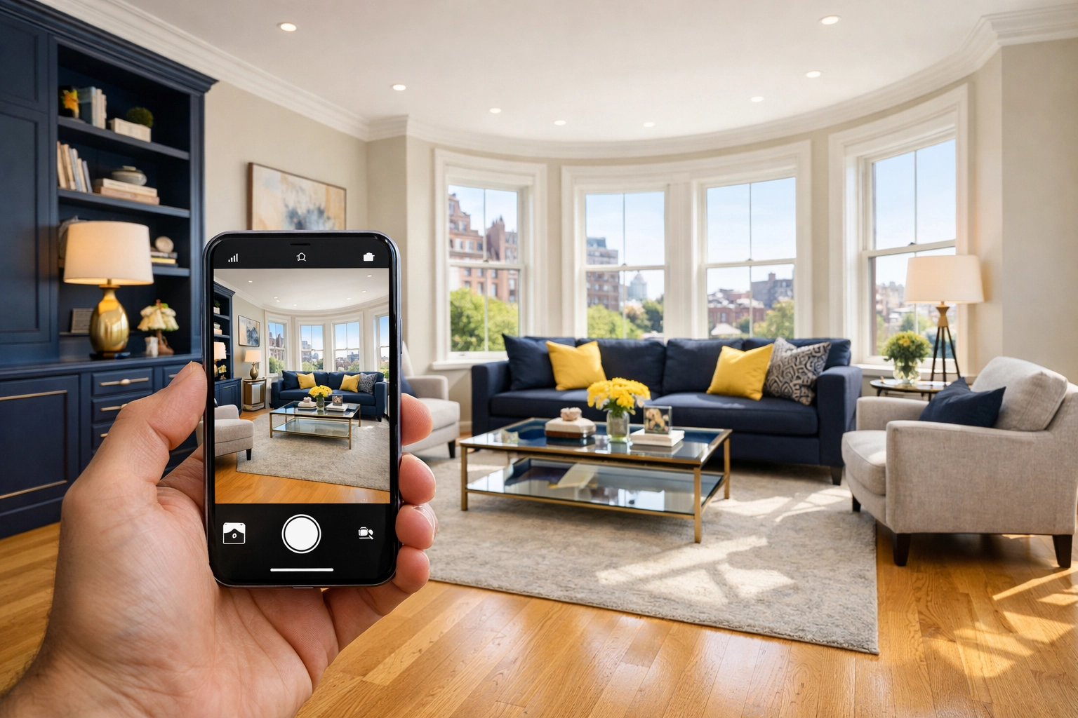 A tenant photographing a clean Boston apartment living room to document hardwood floor condition for turnover.