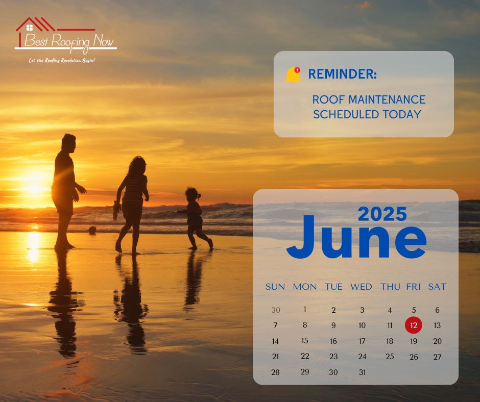 Family Sunset Beach with Roofing Reminder