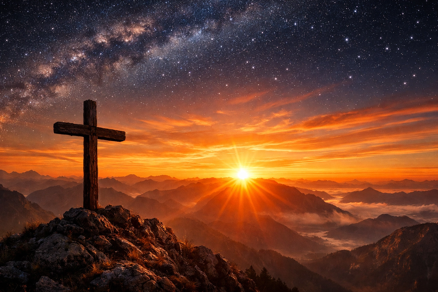 A wooden cross on a mountain peak at sunrise, symbolizing God as both Creator and personal Redeemer.