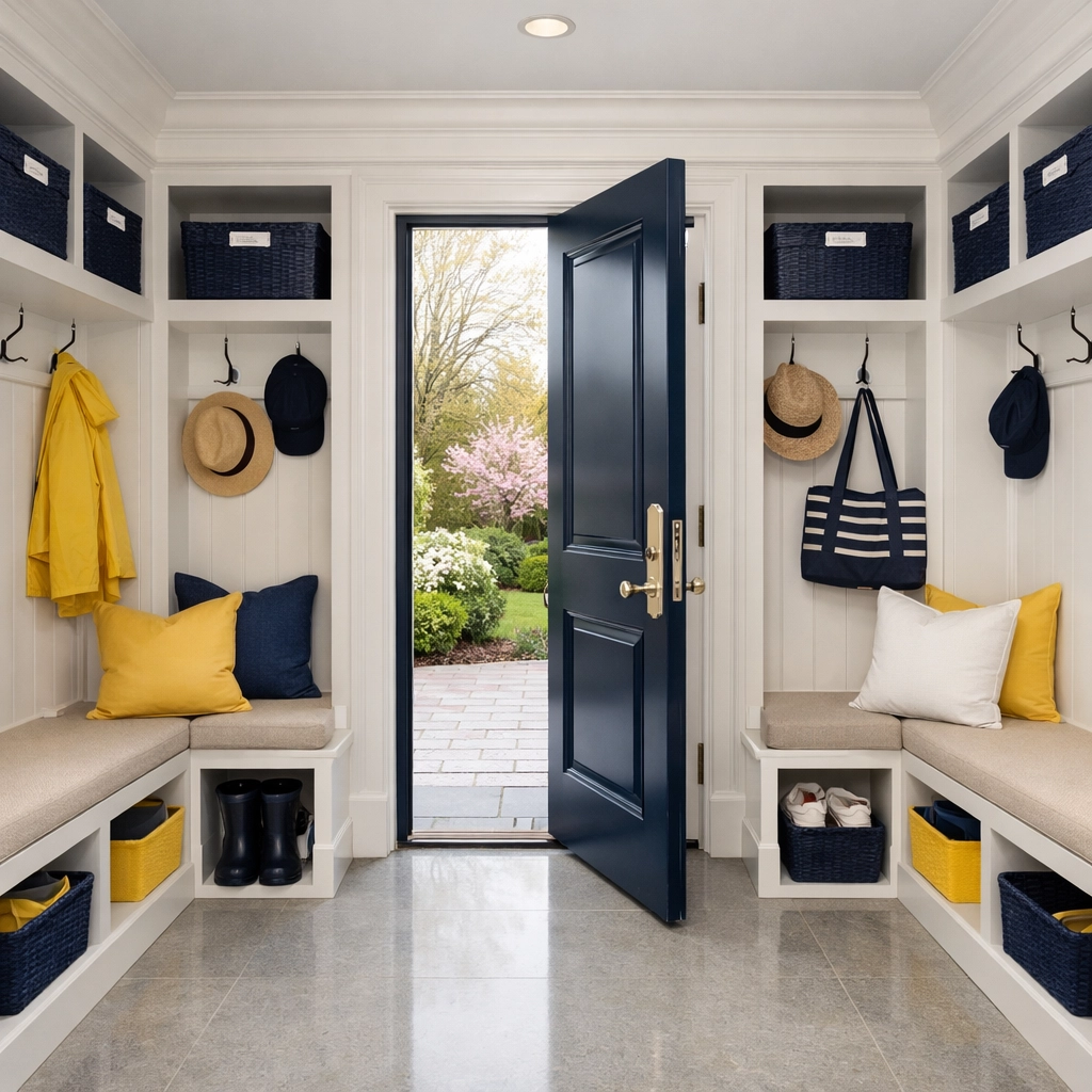 A perfectly organized and sanitized mudroom in a luxury estate, ready for a professional cleaners MA visit.