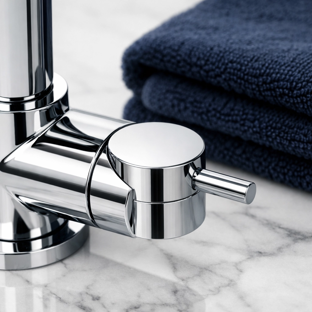 Detail of a sanitized chrome bathroom fixture and polished marble surfaces in a Groton residence.