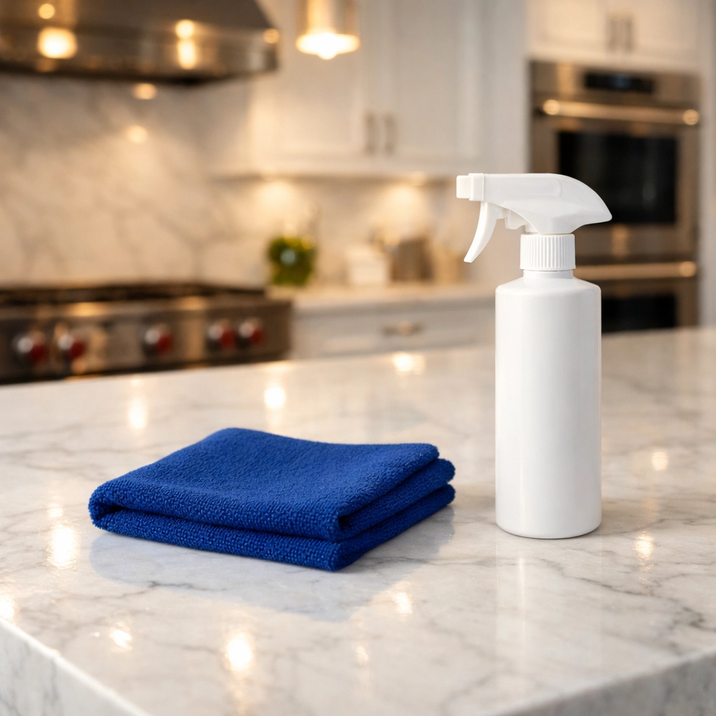 Meticulous luxury house cleaning on a marble kitchen island using professional cleaning supplies.