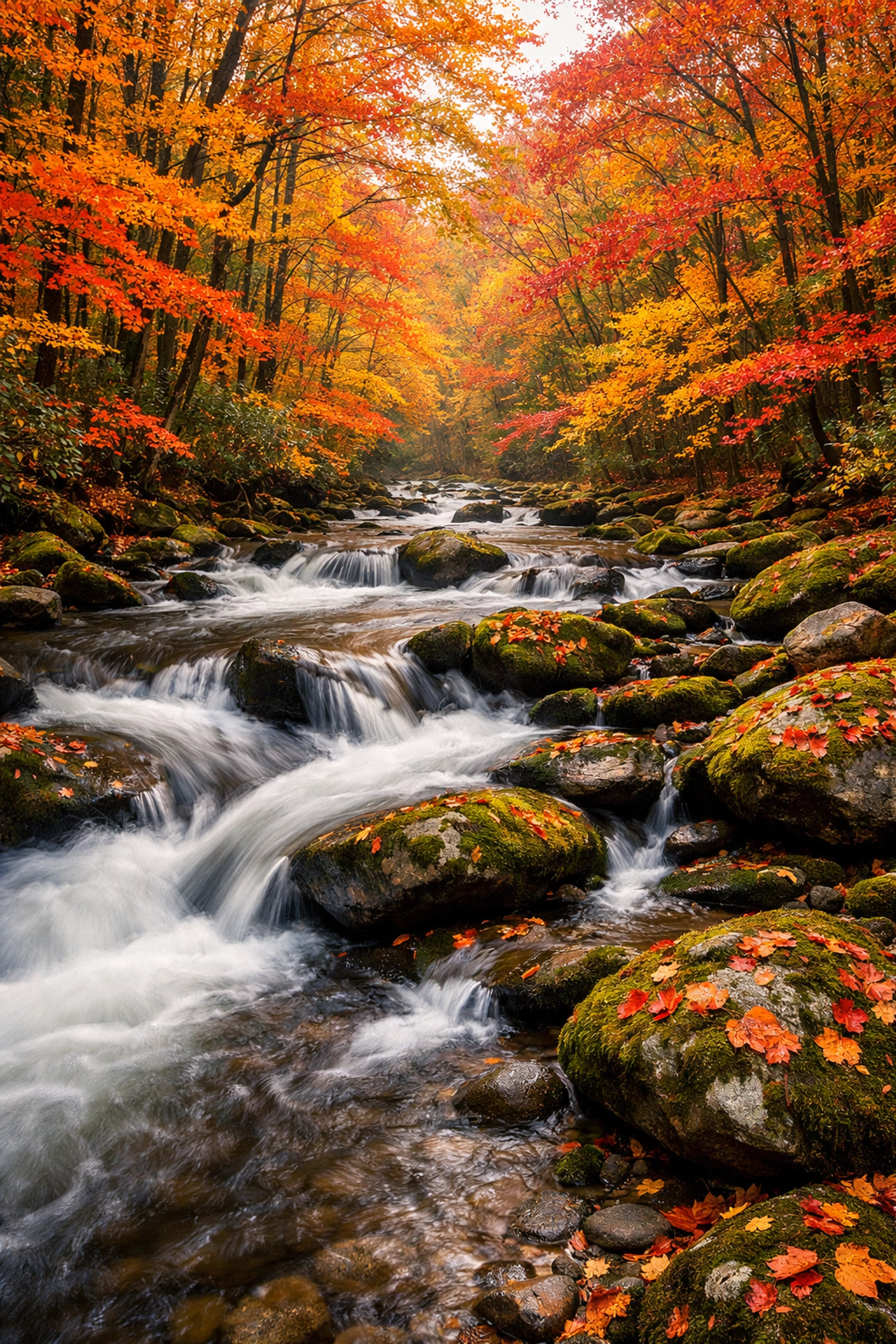 Autumn landscape photography locations in the Great Smoky Mountains with colorful trees and a creek.