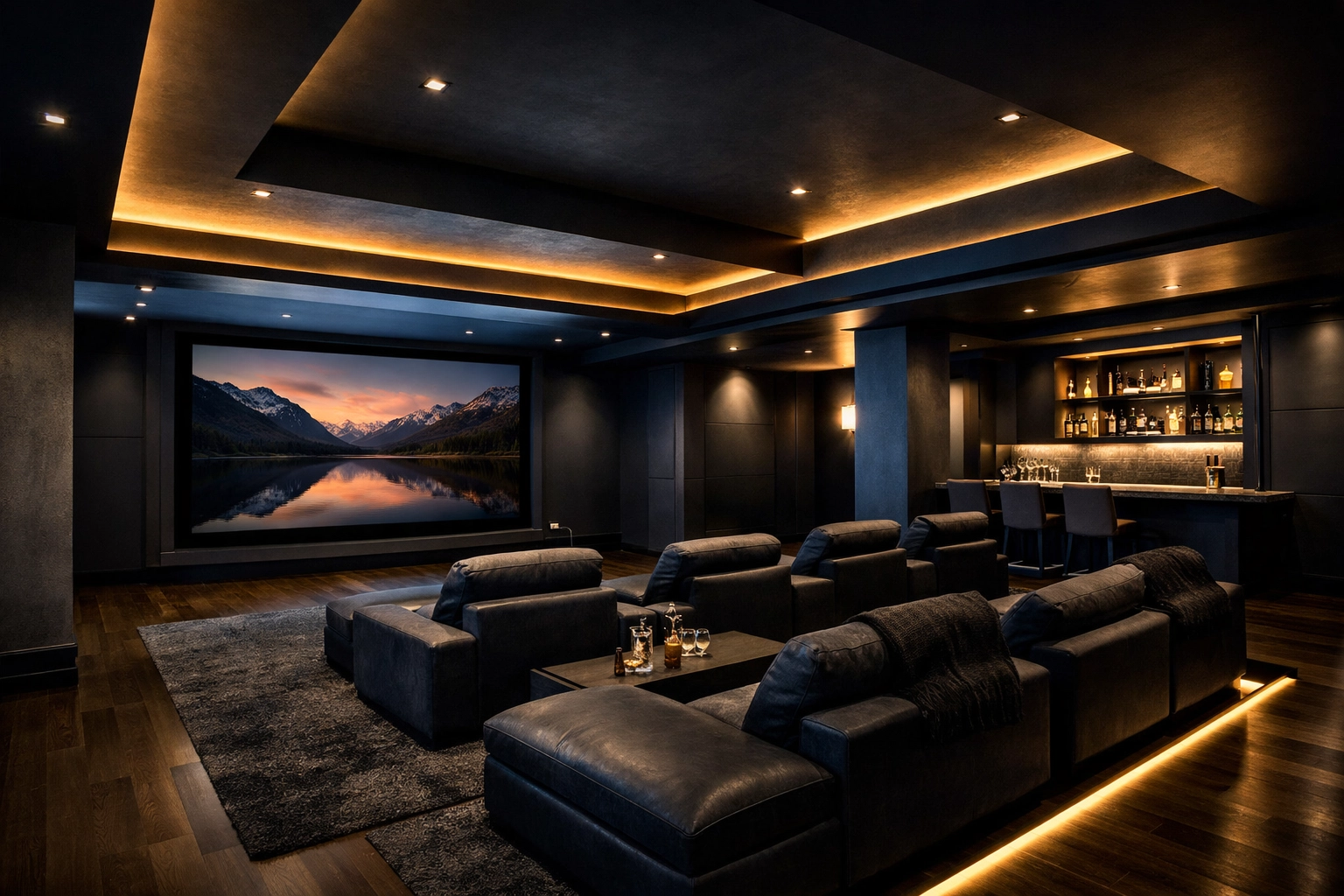 Modern home theater design for a spacious basement renovation in St. Louis Park.