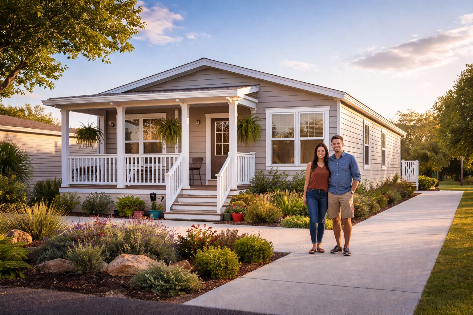 Couple admiring their modern manufactured home with landscaped porch in Texas community
