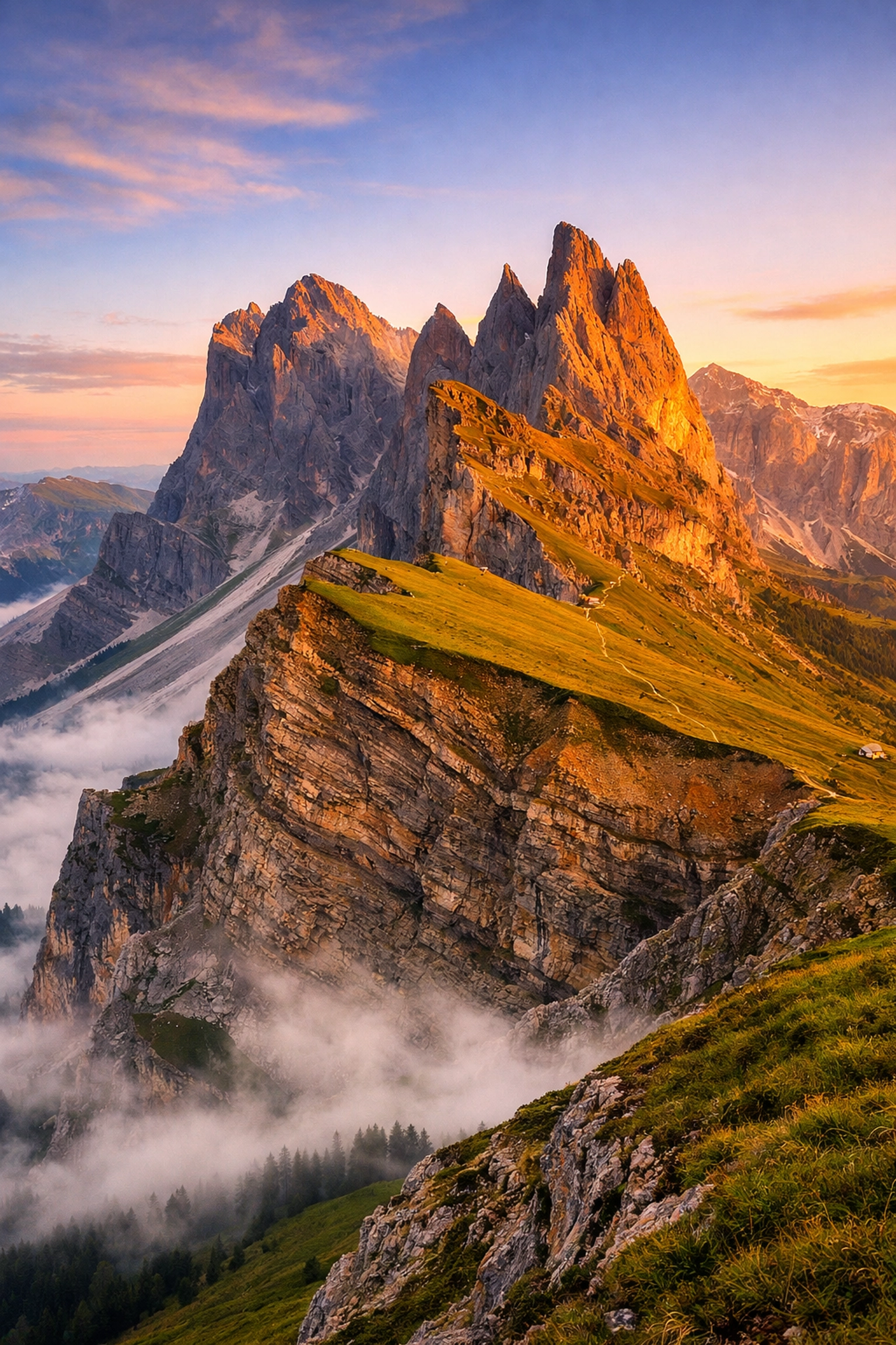 Sunrise over the Seceda ridgeline in the Italian Dolomites, one of the most instagrammable places in Europe.