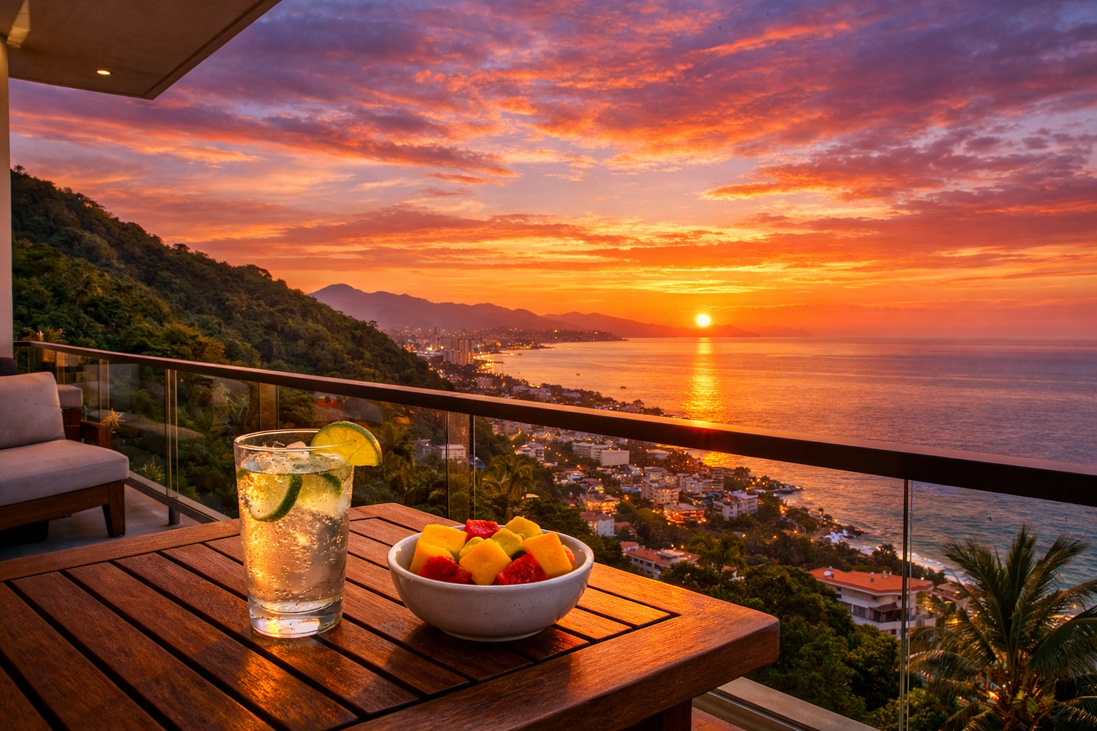 Scenic sunset view over Banderas Bay from a private balcony at a Puerto Vallarta rental property in Amapas.