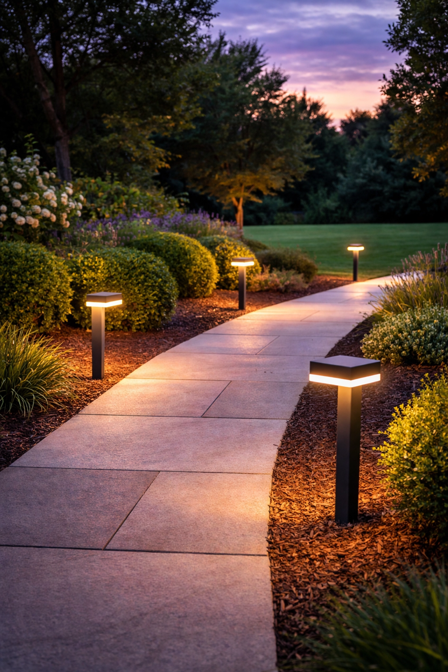 LED pathway lights illuminate a landscaped walkway at dusk, showcasing efficient outdoor lighting installation Gwinnett County.