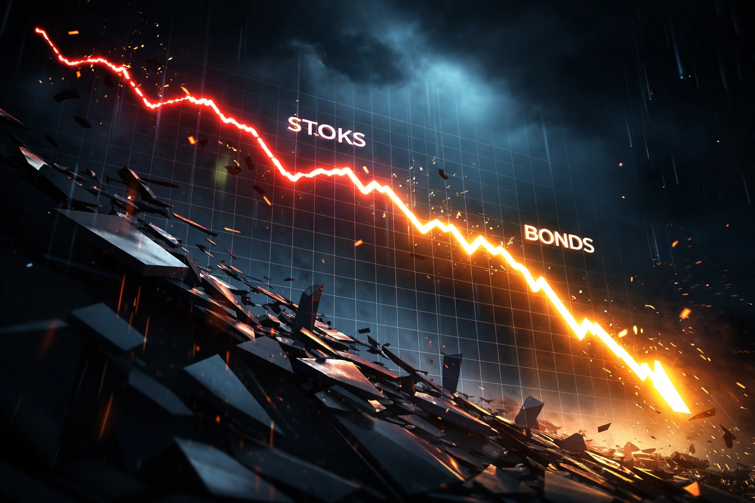 Financial chart showing stocks and bonds moving downwards, illustrating market correlation breakdown in investment portfolios