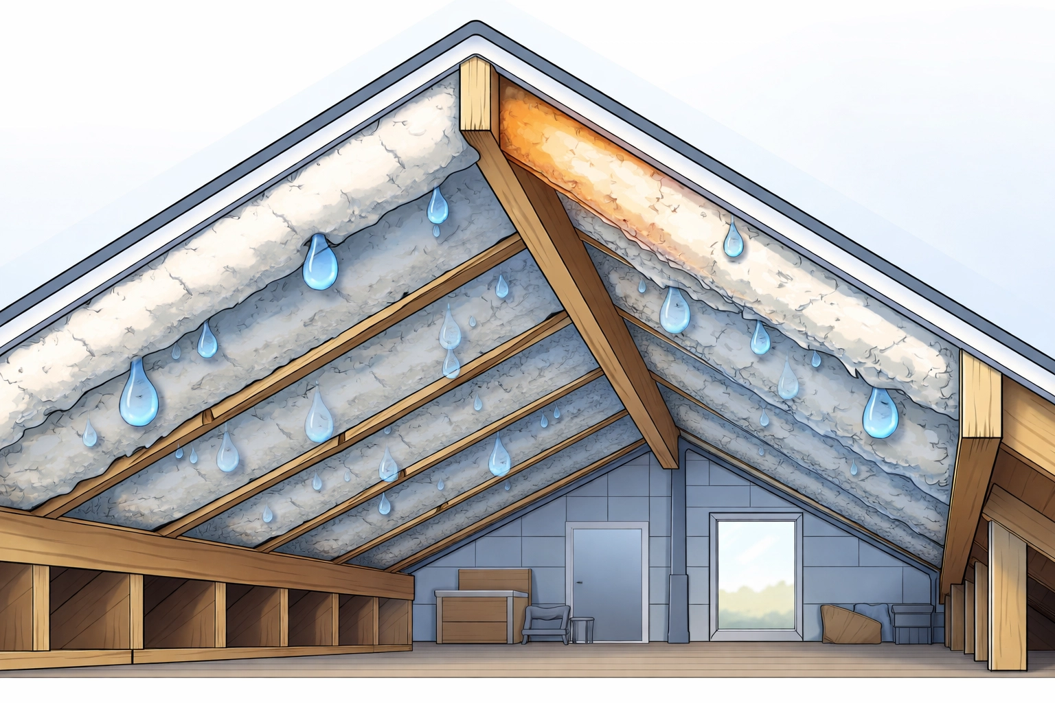 Cross-section of loft illustrating spray foam insulation issues like trapped moisture and condensation