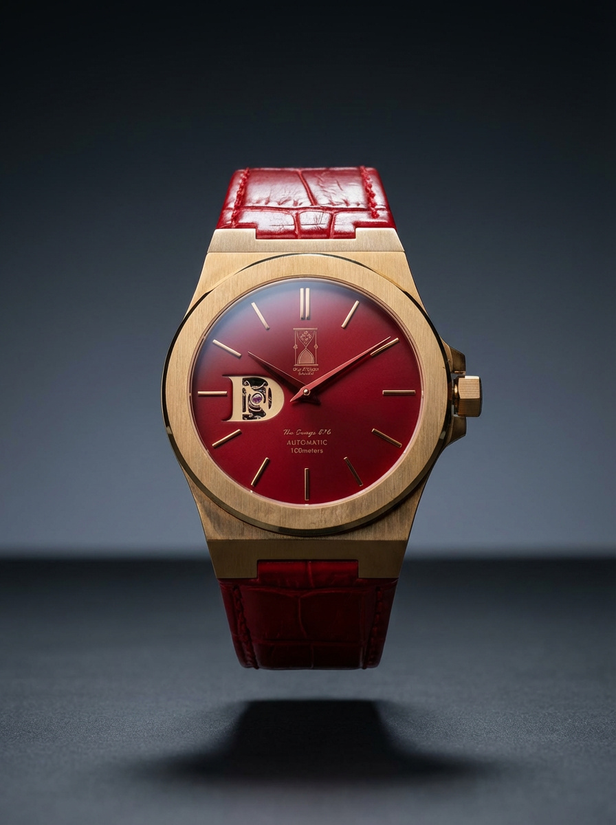 Close-up of a Day & Night Watch Co. gold-tone brushed stainless steel case with sapphire crystal and a deep red sunburst dial with gold indices.