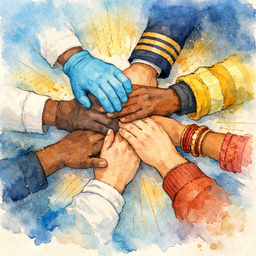 Diverse Christian community hands joined in unity and prayer