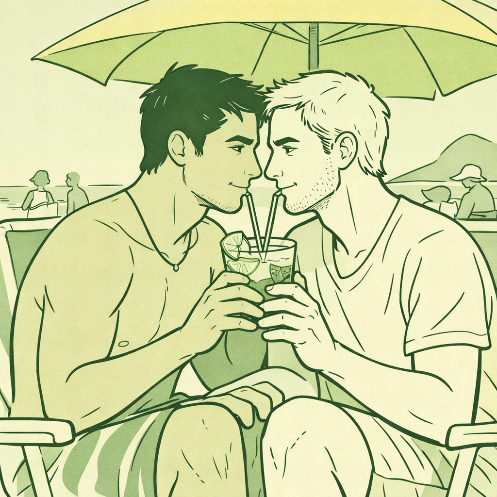 Gay couple sharing intimate moment under umbrella at Posto 9 Ipanema beach