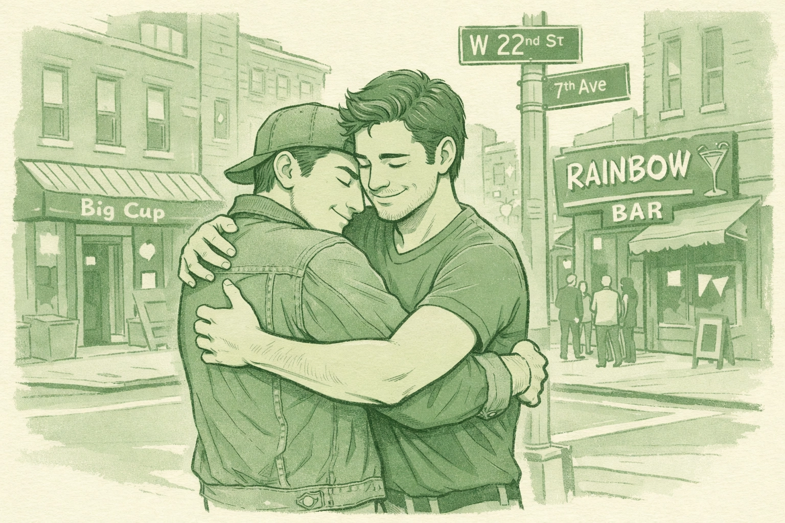 Two men embrace on Chelsea street corner with 1990s gay bars representing NYC queer history