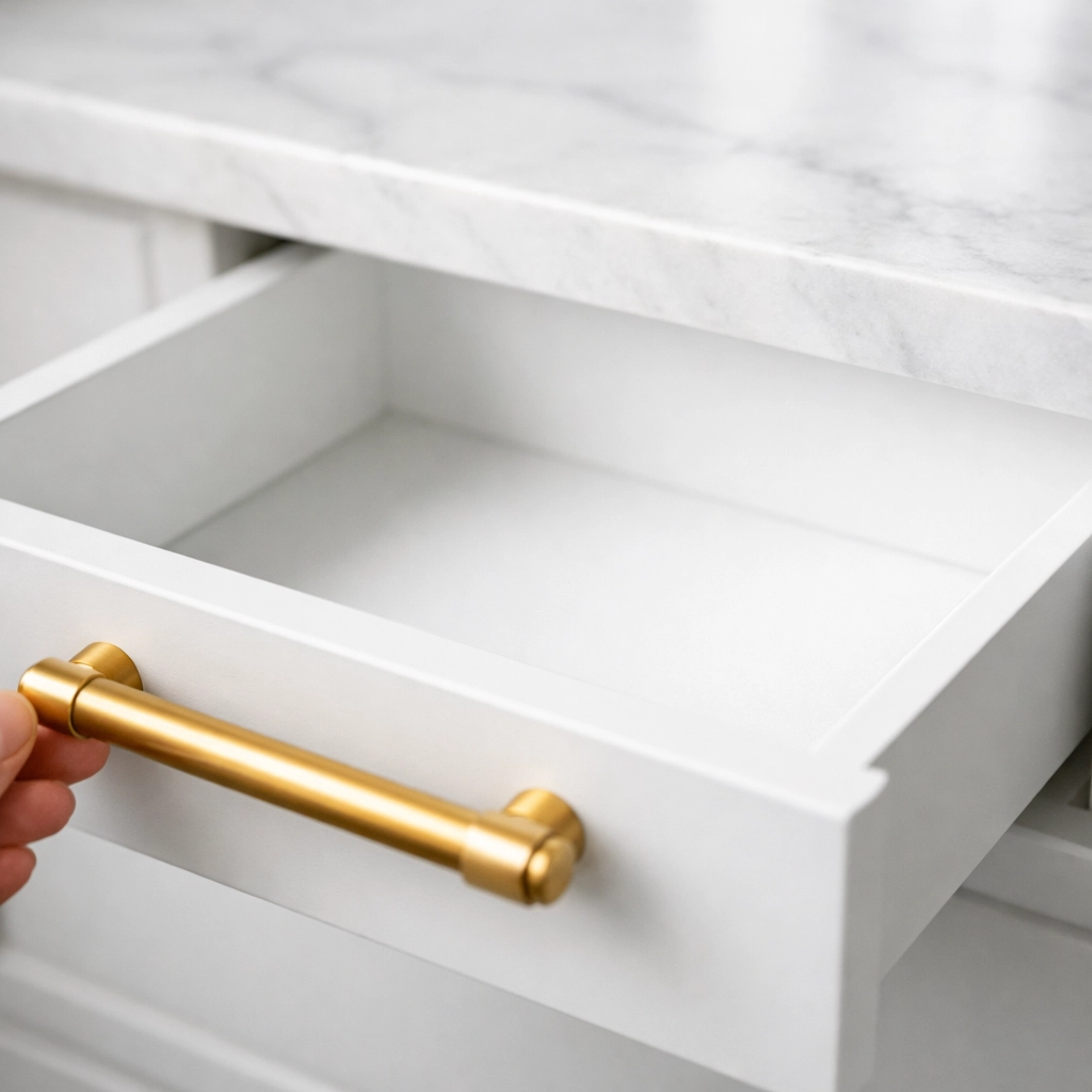 Close-up of a spotless white cabinet drawer after expert post-construction cleaning MA in a renovated home.