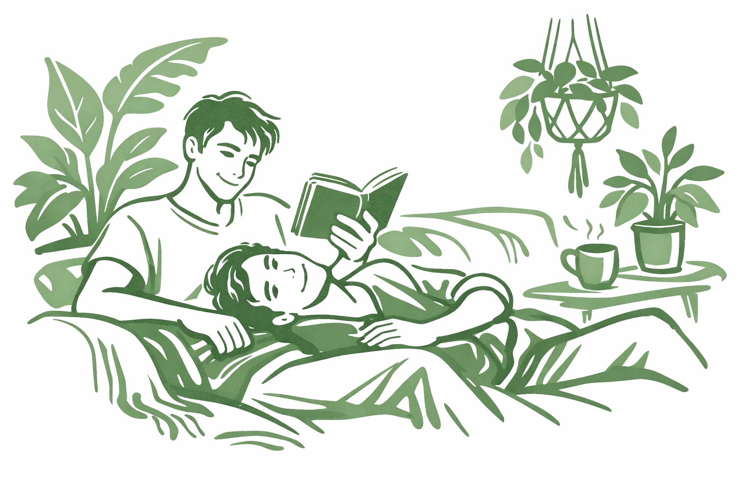 Minimalist art of a gay couple reading together in a cozy room, promoting heartfelt MM romance and gay eBooks.