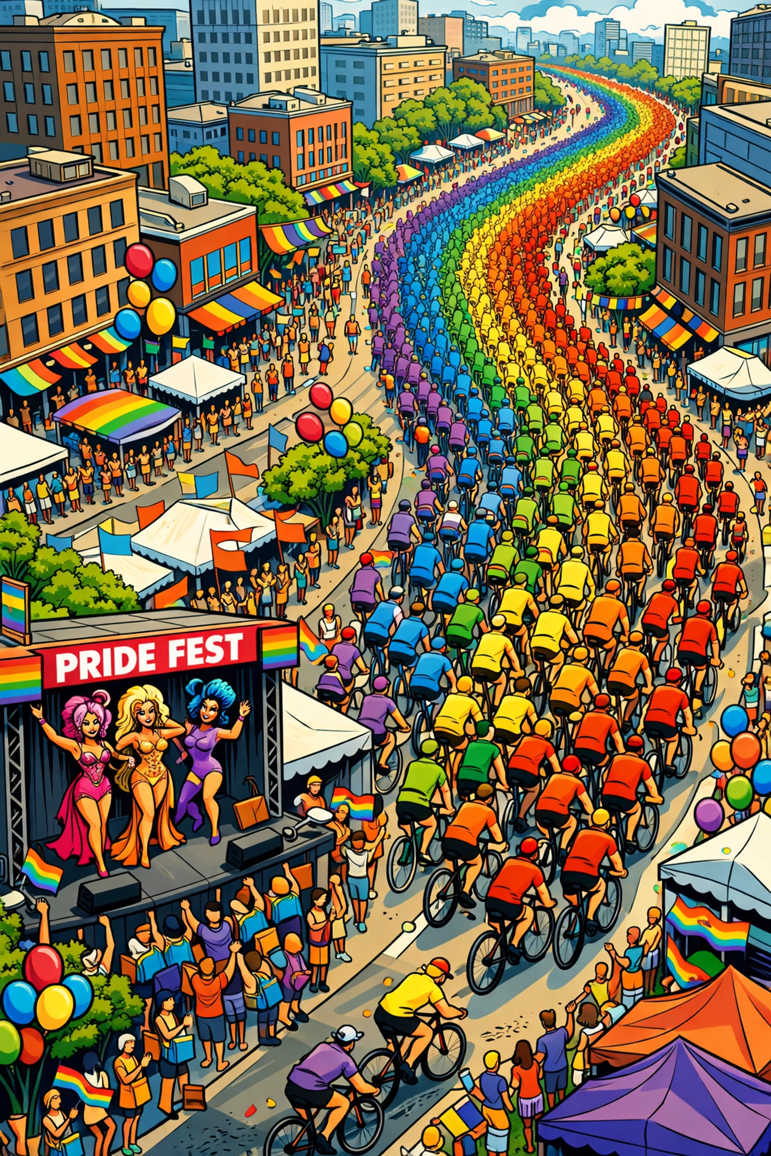 Aerial view of Pride cycling event with hundreds of LGBTQ+ riders through city streets