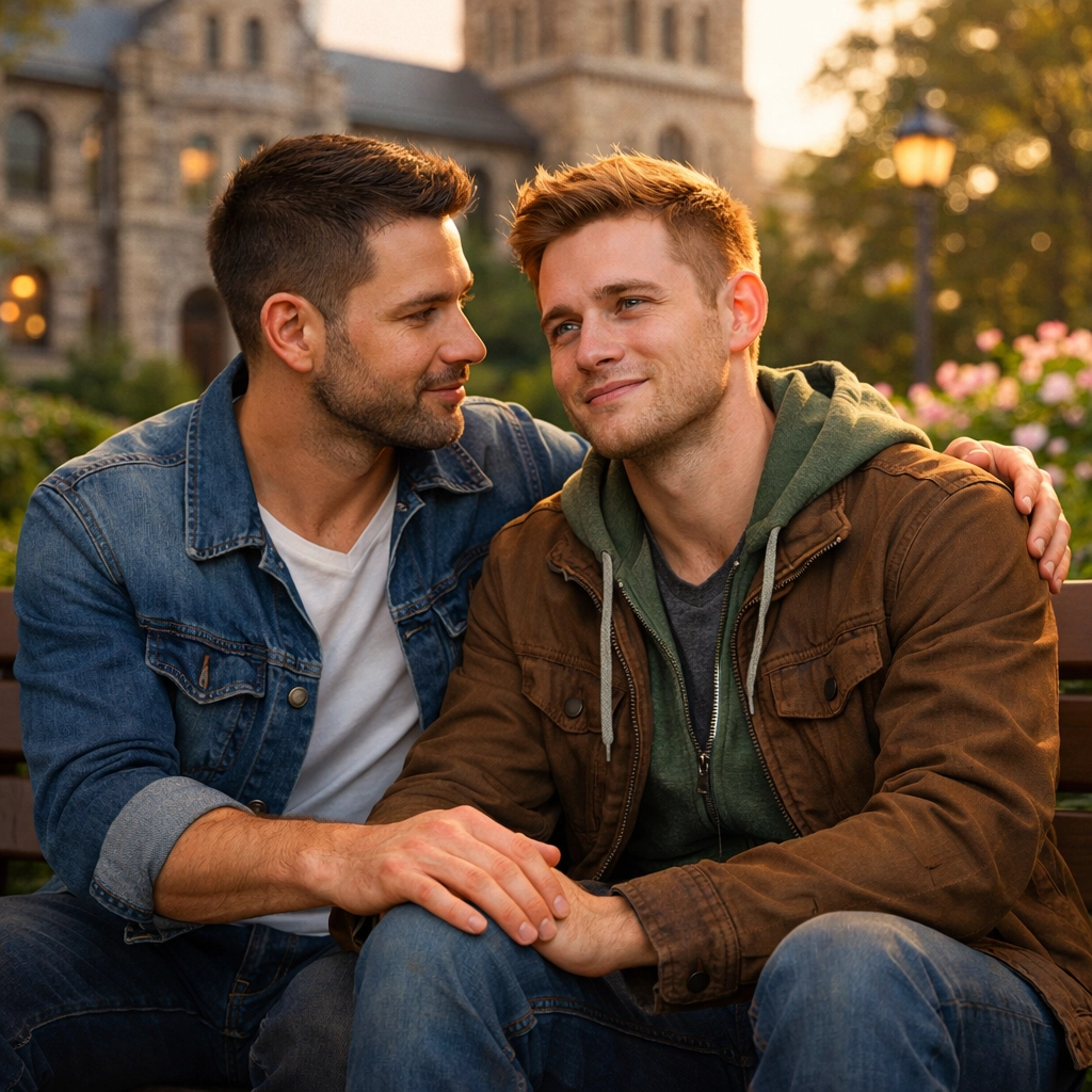 Two men supporting each other near a religious institution, showing the strength of the LGBTQ+ coming out journey.