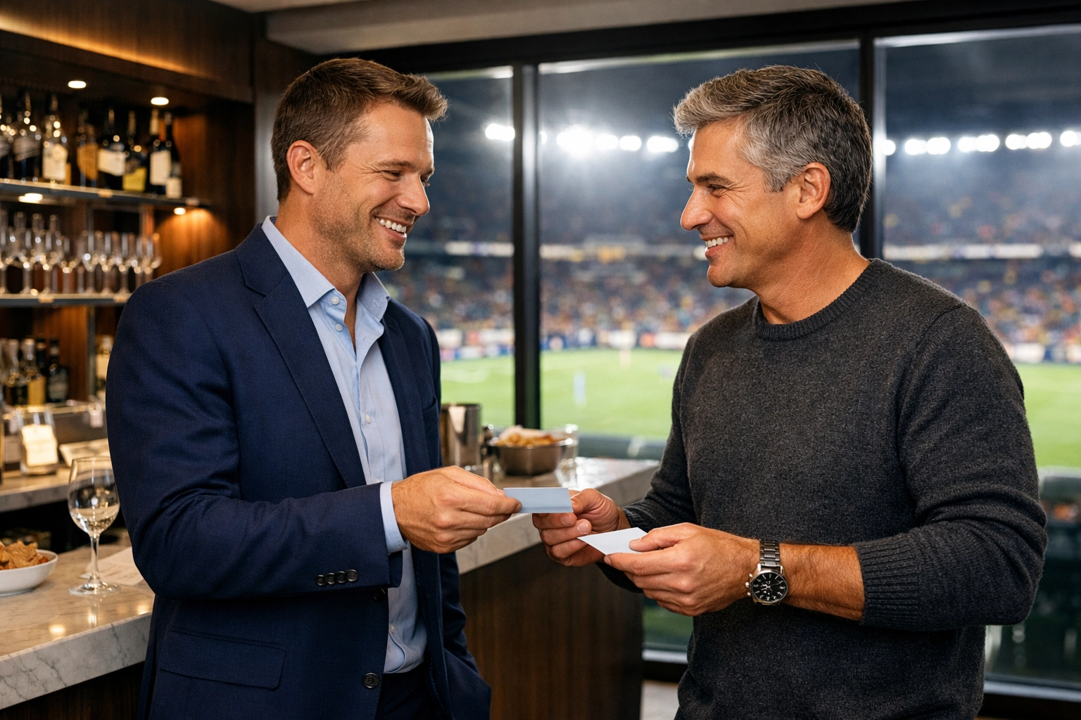 Corporate executives exchanging business cards in a luxury Super Bowl VIP hospitality suite.