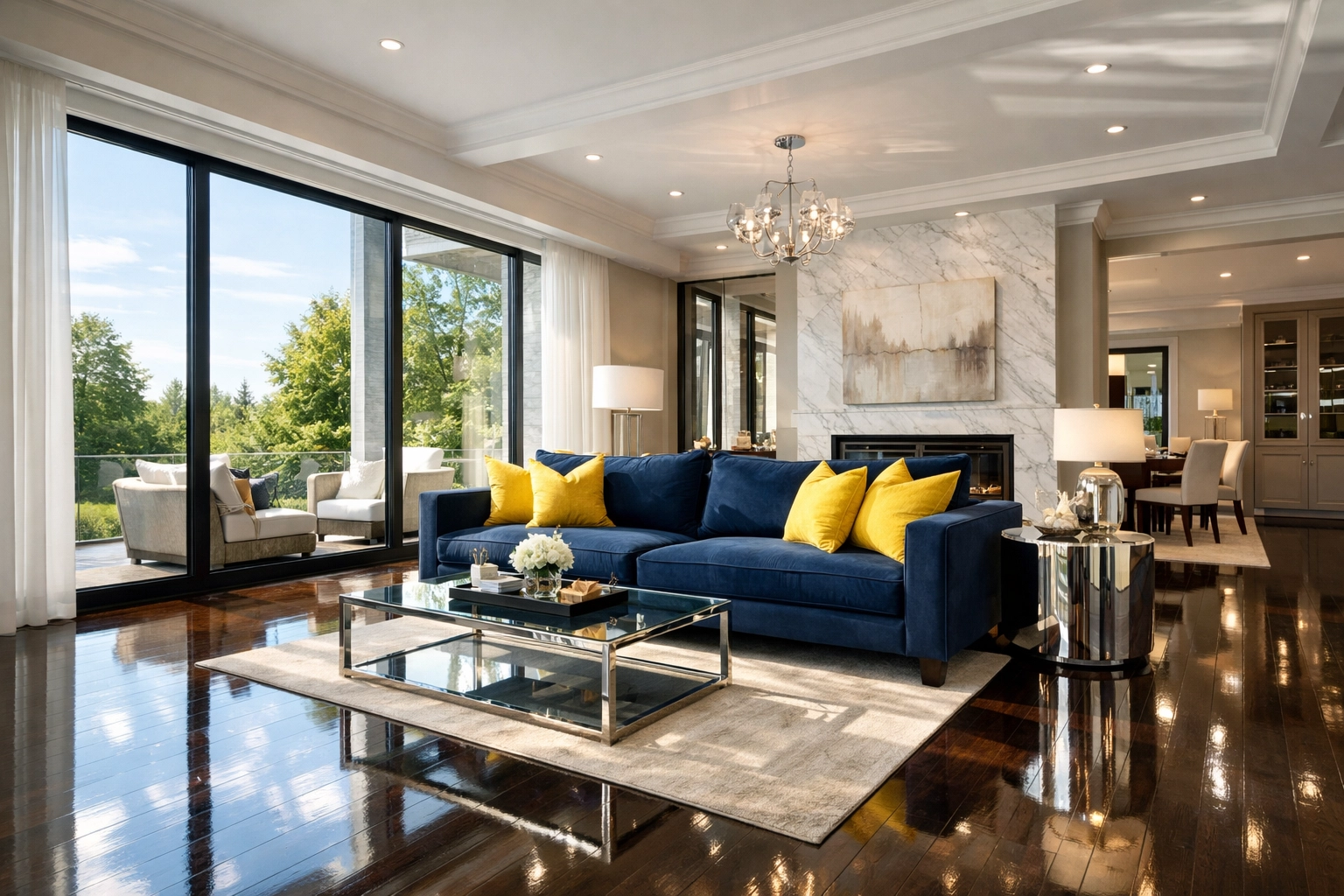 Sunlight reflecting off polished hardwood floors in a living room after professional cleaning services.