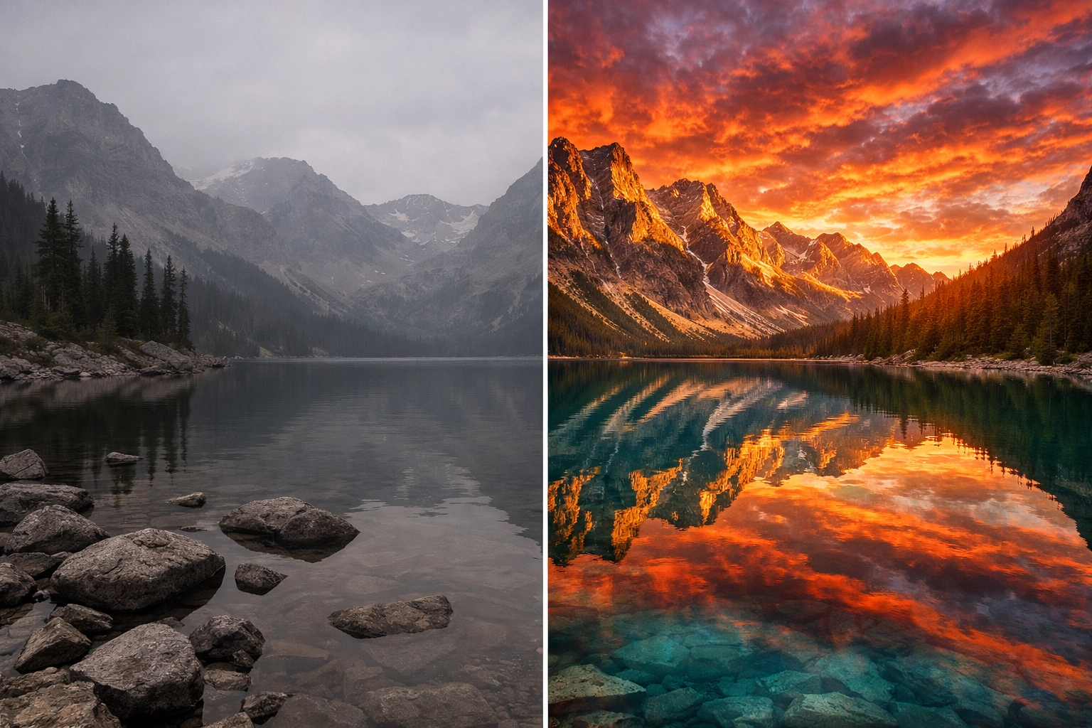 Before and after comparison of a mountain lake photo highlighting the power of photo editing tutorials.