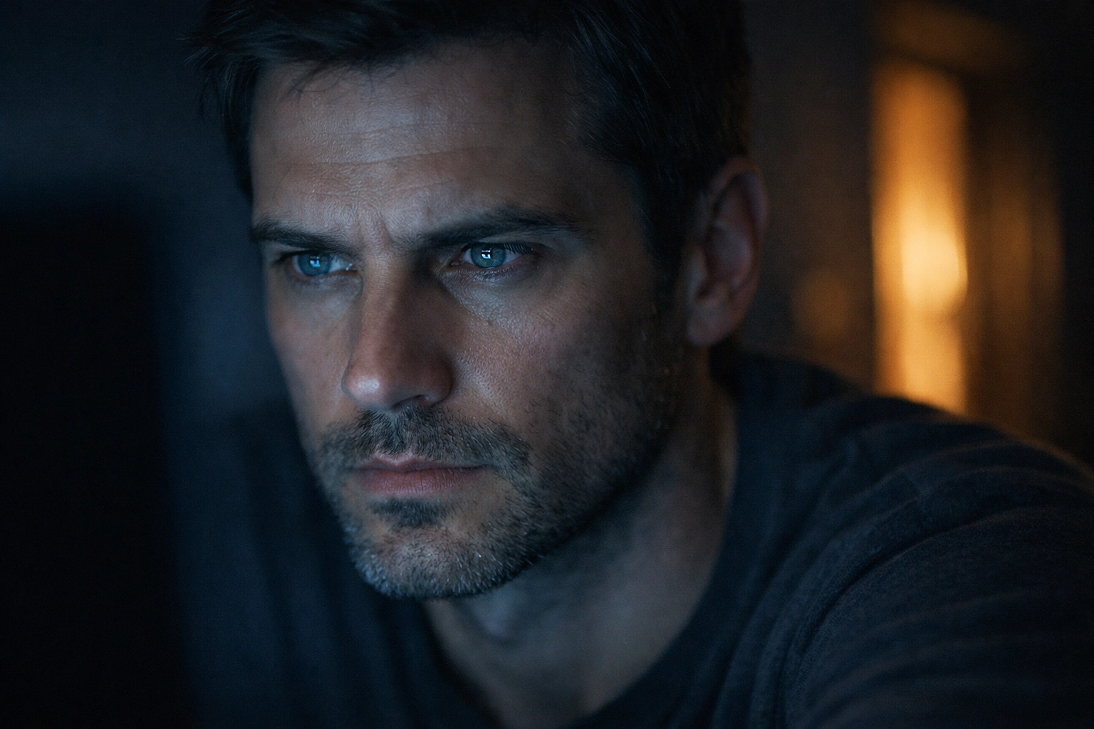 Férfi arcán tükröződő monitorfény, szemléltetve a túlzott online stimuláció és a PIED kapcsolatát.