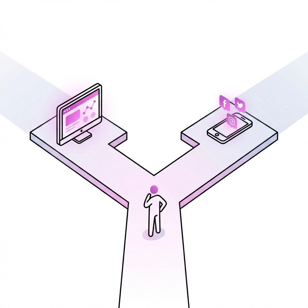 Overhead view of decision crossroads symbolizing choosing between Google PPC and social media ads