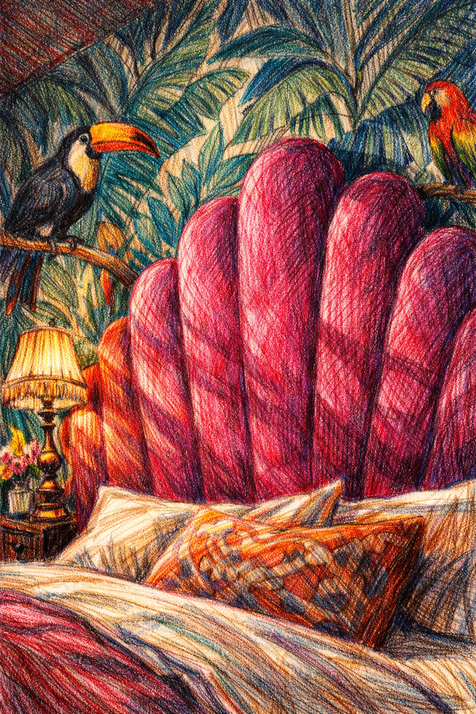 Boutique hotel bedroom with a fuchsia headboard and bold botanical wallpaper showcasing Kit Kemp style.