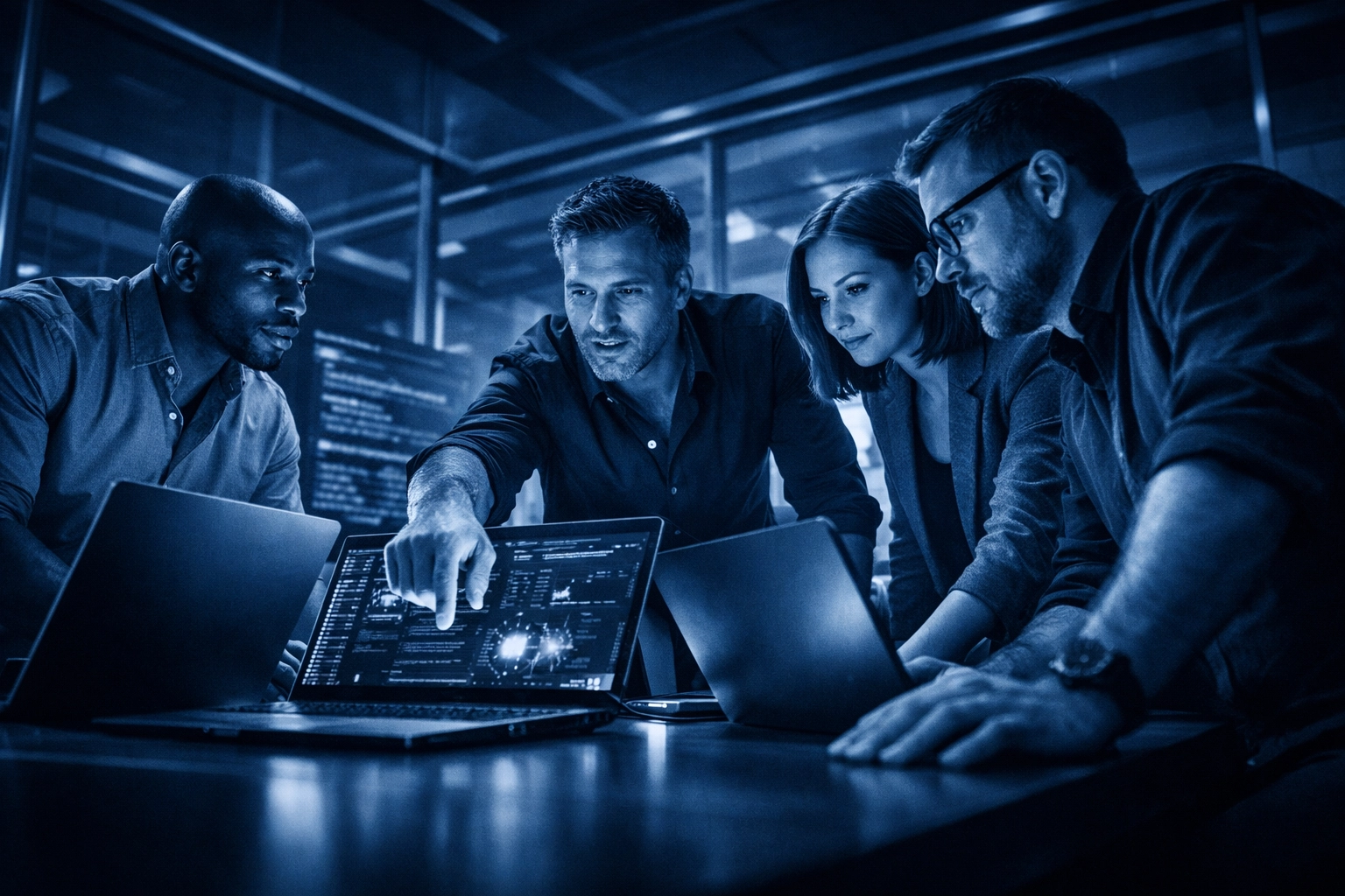 A professional IT support team collaborating on technology solutions for managed business services.