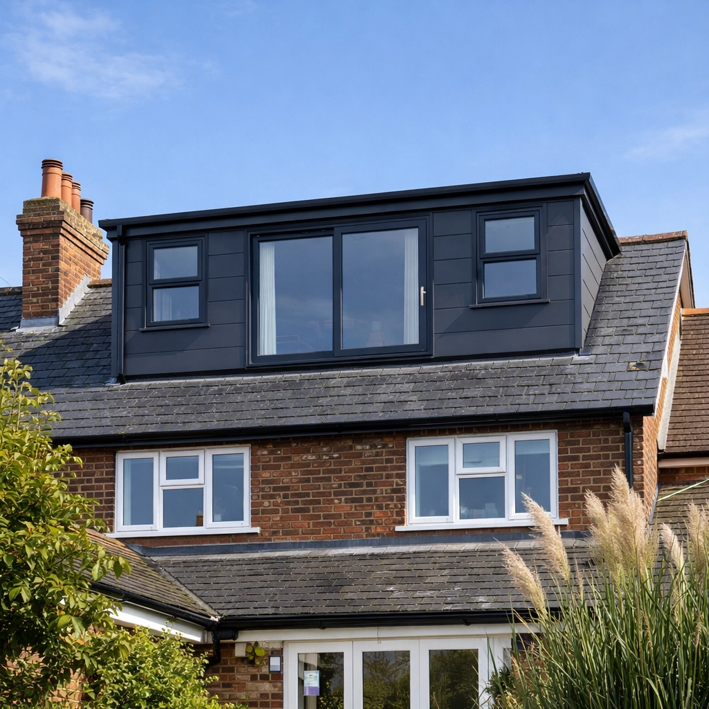 A completed dormer loft conversion in Epping with anthracite windows and traditional slate roofing.