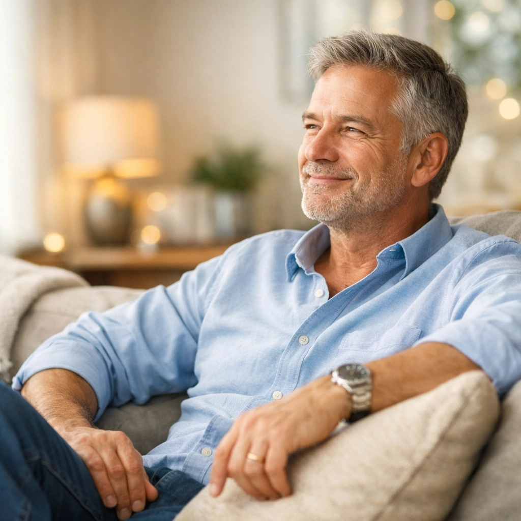 Homme serein chez lui après avoir obtenu un prêt sans enquête de crédit pour stabiliser son budget.