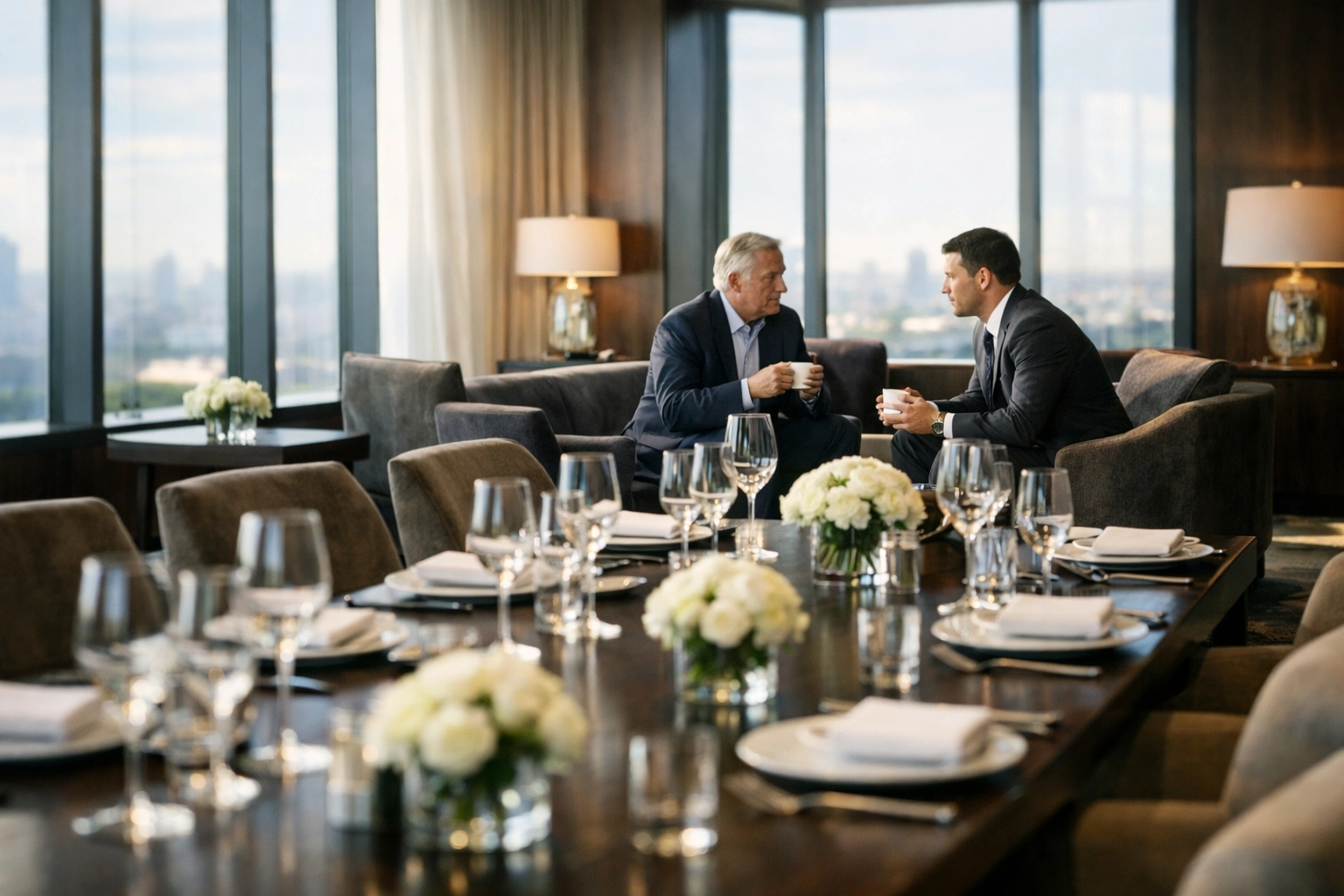 Executives networking in a luxury private dining suite to maximize Super Bowl brand ROI.