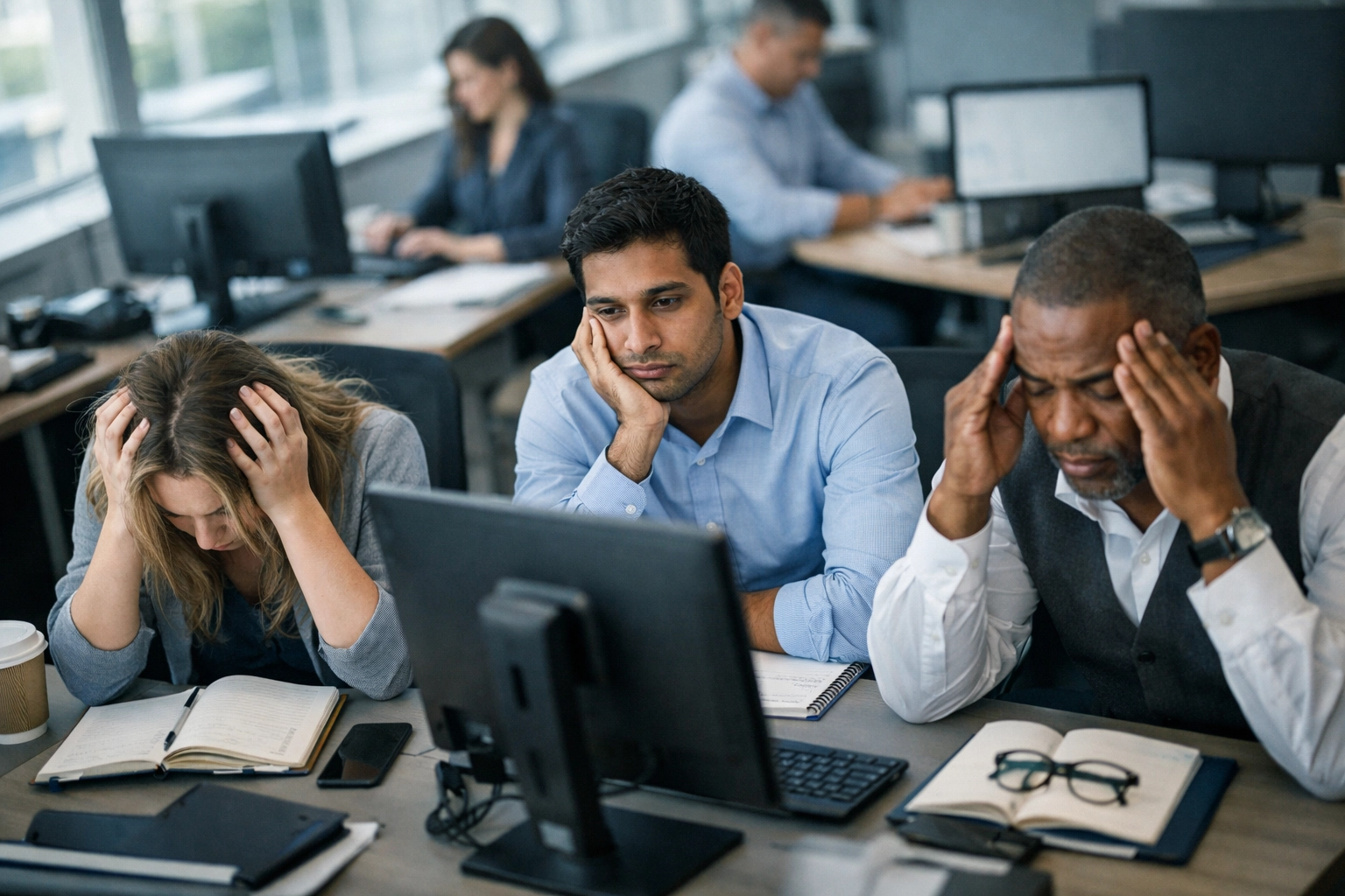 Stressed employees at office desks showing workplace mental health challenges and presenteeism